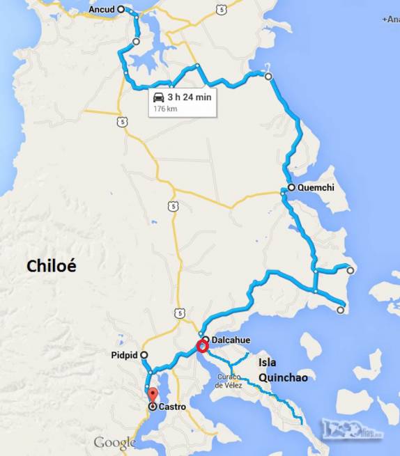 Mapa aproximado do nosso roteiro entre Ancud e Castro, passando por diversas vilas e igrejas no caminho e até na ilha de Quinchao, com a ajuda de um ferry!